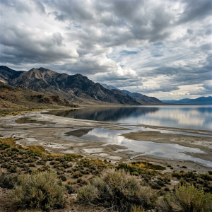 Mountain lake reflecting rugged peaks beneath dramatic clouds