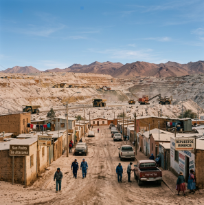 Mining town with open-pit excavation, mountains, people, vehicles, and signs reading San Pedro de Atacama, COMEDOR, and REPUESTOS MINEROS